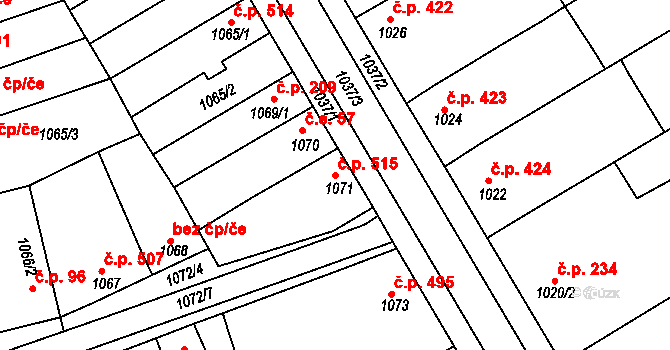 Hrušky 515 na parcele st. 1071 v KÚ Hrušky, Katastrální mapa