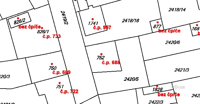 Dobřany 688 na parcele st. 752 v KÚ Dobřany, Katastrální mapa