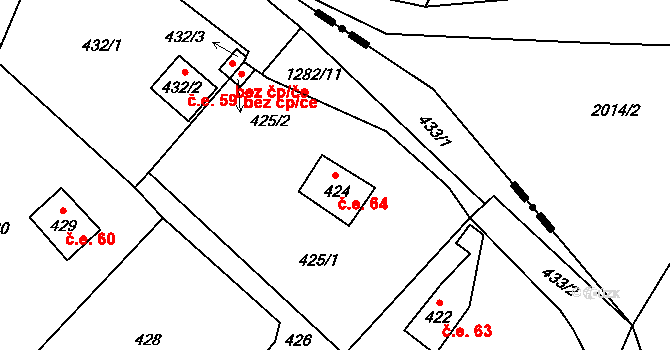 Šlovice 64, Dobřany na parcele st. 424 v KÚ Šlovice u Plzně, Katastrální mapa