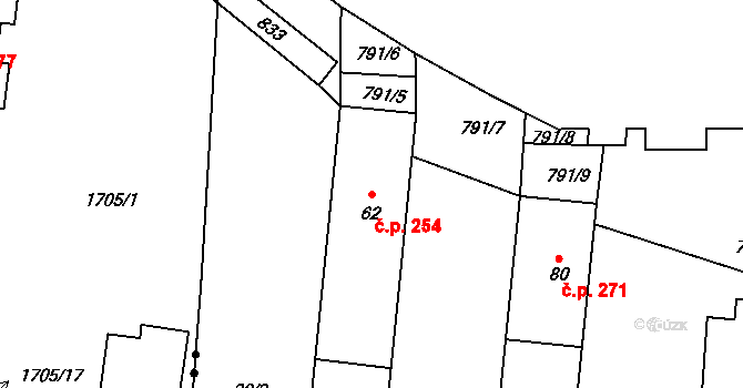 Dobronín 254 na parcele st. 62 v KÚ Střelecká, Katastrální mapa
