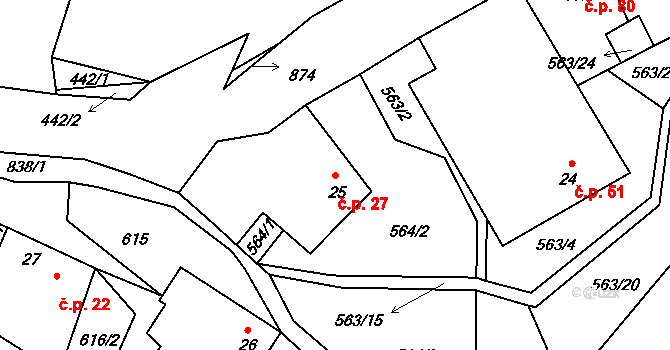 Horní Dubenky 27 na parcele st. 25 v KÚ Horní Dubenky, Katastrální mapa
