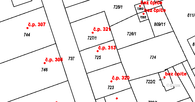 Stonařov 313 na parcele st. 725 v KÚ Stonařov, Katastrální mapa