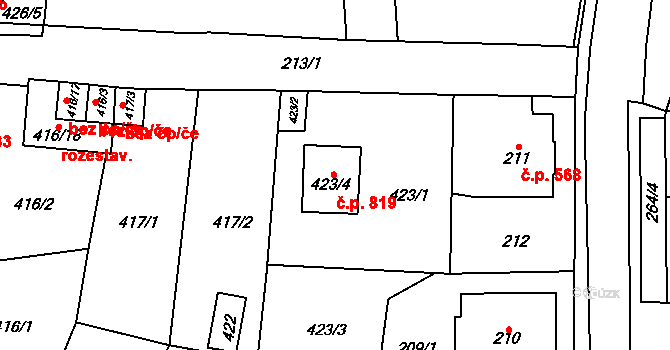 Kynšperk nad Ohří 819 na parcele st. 423/4 v KÚ Kynšperk nad Ohří, Katastrální mapa