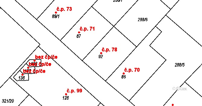 Chotiměř 78 na parcele st. 92 v KÚ Chotiměř, Katastrální mapa