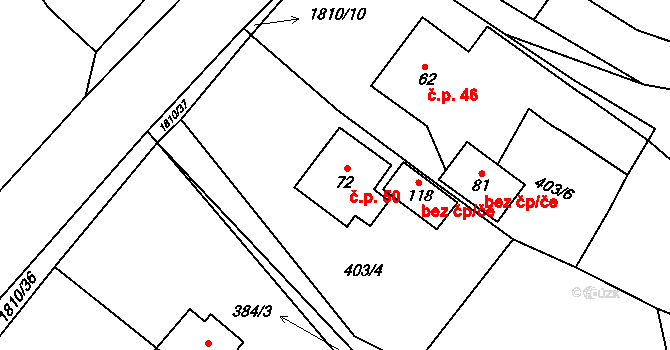 Pocoucov 50, Třebíč na parcele st. 72 v KÚ Pocoucov, Katastrální mapa