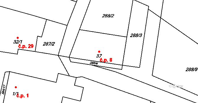 Kojatín 8 na parcele st. 37 v KÚ Kojatín, Katastrální mapa