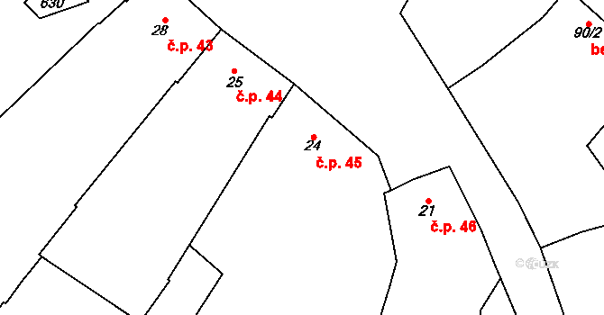 Unčovice 45, Litovel na parcele st. 24 v KÚ Unčovice, Katastrální mapa