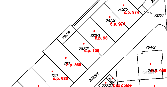 Střešovice 105, Praha na parcele st. 782/2 v KÚ Střešovice, Katastrální mapa