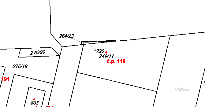 Stará Huť 115 na parcele st. 249/11 v KÚ Stará Huť, Katastrální mapa