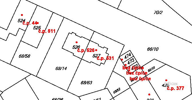 Lazce 531, Olomouc na parcele st. 527 v KÚ Lazce, Katastrální mapa
