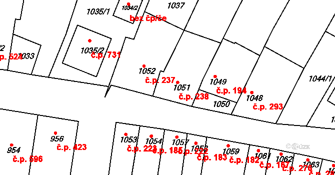 Blučina 238 na parcele st. 1051 v KÚ Blučina, Katastrální mapa