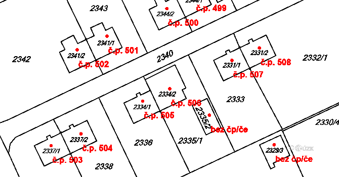 Prostřední Suchá 506, Havířov na parcele st. 2334/2 v KÚ Prostřední Suchá, Katastrální mapa