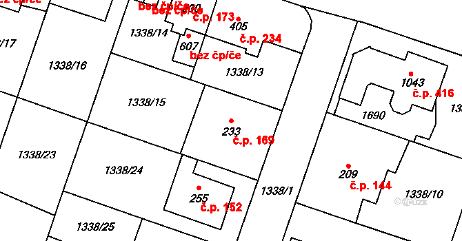 Příluky 169, Zlín na parcele st. 233 v KÚ Příluky u Zlína, Katastrální mapa