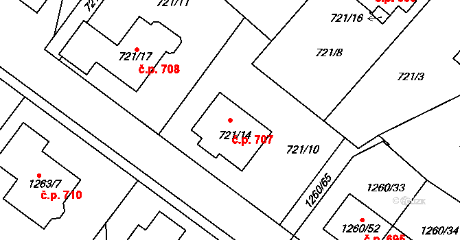 Březnice 707 na parcele st. 721/14 v KÚ Březnice, Katastrální mapa