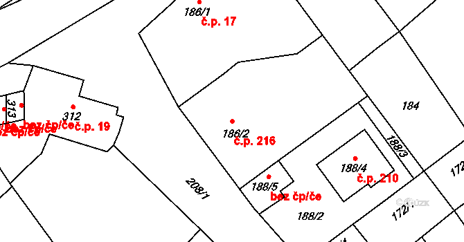 Přerov IV-Kozlovice 216, Přerov na parcele st. 186/2 v KÚ Kozlovice u Přerova, Katastrální mapa