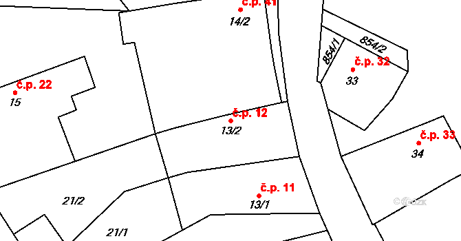 Lhotice 12 na parcele st. 13/2 v KÚ Lhotice u Jemnice, Katastrální mapa