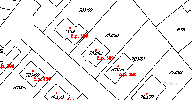 Huštěnovice 389 na parcele st. 703/83 v KÚ Huštěnovice, Katastrální mapa