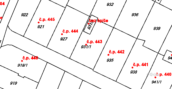 Bylnice 443, Brumov-Bylnice na parcele st. 931/1 v KÚ Bylnice, Katastrální mapa