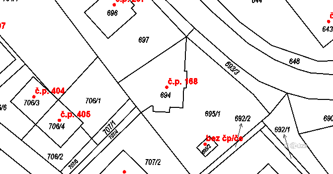 Fryšták 168 na parcele st. 694 v KÚ Fryšták, Katastrální mapa