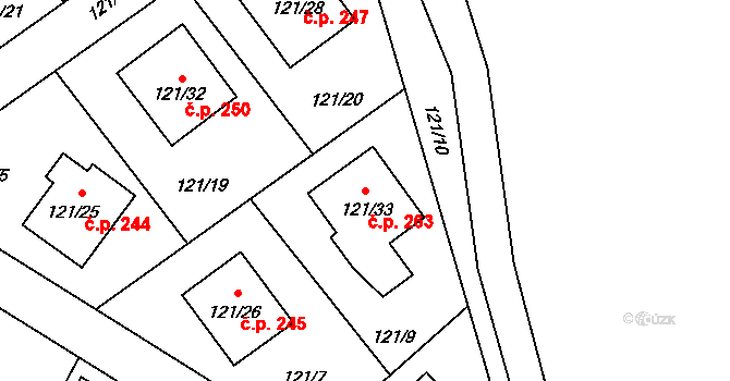 Chuchelná 263 na parcele st. 121/33 v KÚ Chuchelná, Katastrální mapa