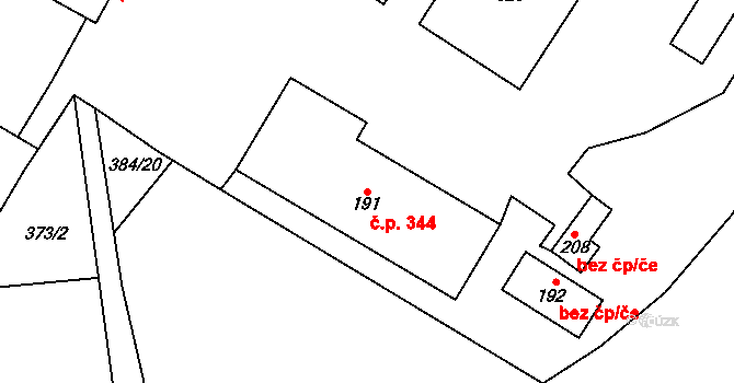 Tuchoměřice 344 na parcele st. 191 v KÚ Kněžívka, Katastrální mapa