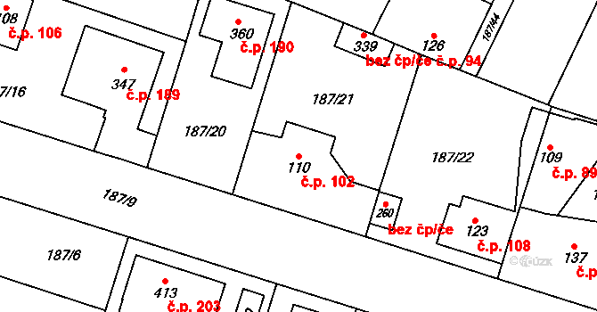 Černá za Bory 102, Pardubice na parcele st. 110 v KÚ Černá za Bory, Katastrální mapa