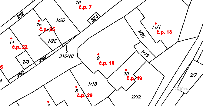 Housko 16, Vysočany na parcele st. 9 v KÚ Housko, Katastrální mapa