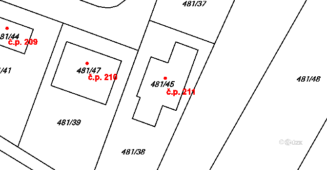 Práče 211 na parcele st. 481/45 v KÚ Práče, Katastrální mapa