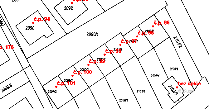 Kopřivnice 98 na parcele st. 2100/2 v KÚ Kopřivnice, Katastrální mapa