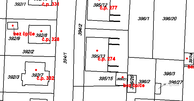 Všetuly 274, Holešov na parcele st. 395/13 v KÚ Všetuly, Katastrální mapa