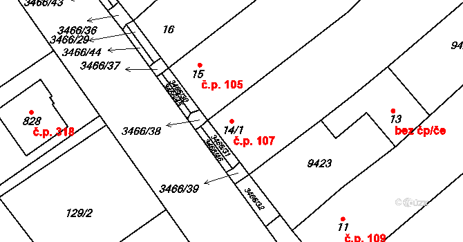 Olbramovice 107 na parcele st. 14/1 v KÚ Olbramovice u Moravského Krumlova, Katastrální mapa