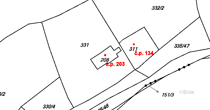 Vranov nad Dyjí 203 na parcele st. 208 v KÚ Vranov nad Dyjí, Katastrální mapa