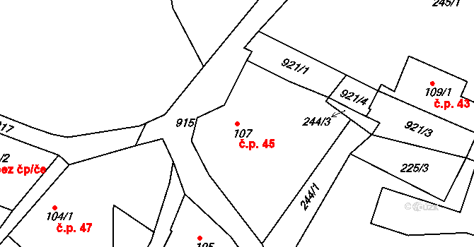 Postřelná 45, Jablonné v Podještědí na parcele st. 107 v KÚ Postřelná, Katastrální mapa