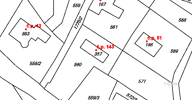 Janov 143, Nový Bor na parcele st. 357 v KÚ Janov u Nového Boru, Katastrální mapa