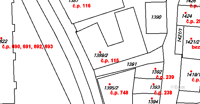 Židlochovice 115 na parcele st. 1389/2 v KÚ Židlochovice, Katastrální mapa