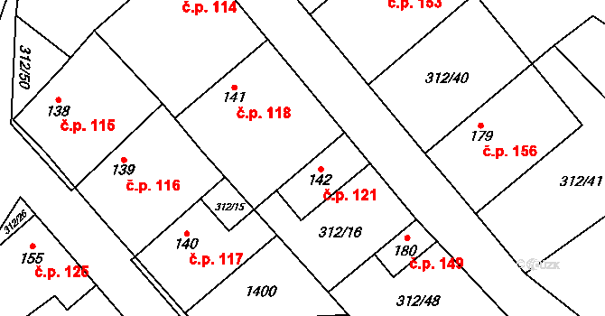 Bzová 121 na parcele st. 142 v KÚ Bzová u Hořovic, Katastrální mapa