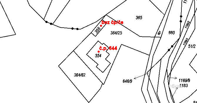 Chvalčov 644 na parcele st. 354 v KÚ Chvalčova Lhota, Katastrální mapa