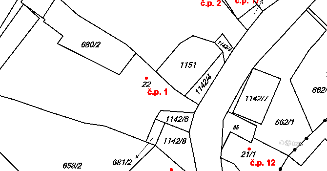 Hrušovka 1, Velemín na parcele st. 22 v KÚ Bílý Újezd, Katastrální mapa