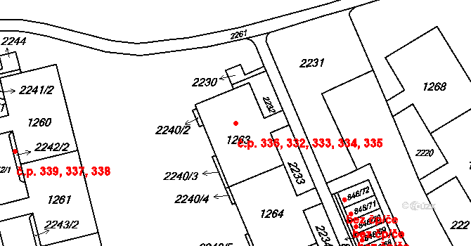 Kohoutovice 332,333,334,335,336, Brno na parcele st. 1263 v KÚ Kohoutovice, Katastrální mapa