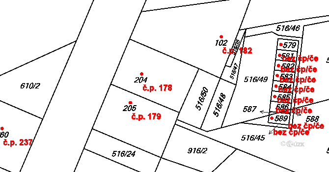 Krauzovna 178, Kly na parcele st. 204 v KÚ Kly, Katastrální mapa