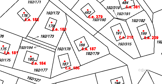 Dřenice 187, Cheb na parcele st. 188 v KÚ Dřenice u Chebu, Katastrální mapa