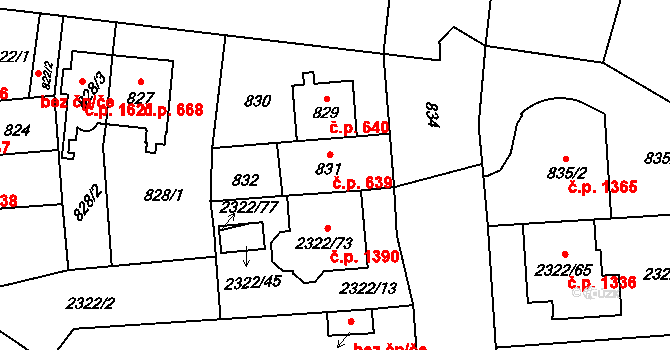 Hostivař 639, Praha na parcele st. 831 v KÚ Hostivař, Katastrální mapa