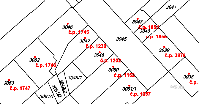 Chomutov 1202 na parcele st. 3048 v KÚ Chomutov I, Katastrální mapa