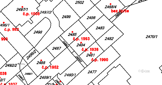 Chomutov 1938 na parcele st. 2484 v KÚ Chomutov I, Katastrální mapa
