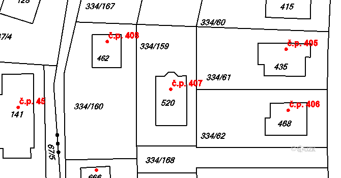 Bradlec 407 na parcele st. 520 v KÚ Bradlec, Katastrální mapa