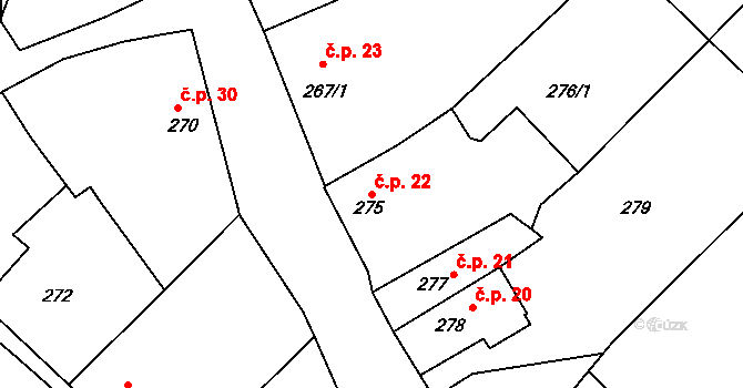 Bystřice nad Pernštejnem 22 na parcele st. 275 v KÚ Bystřice nad Pernštejnem, Katastrální mapa