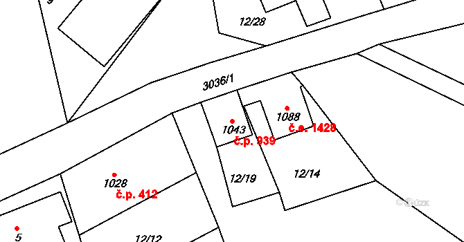 Polubný 939, Kořenov na parcele st. 1043 v KÚ Polubný, Katastrální mapa