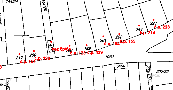Louky 139, Zlín na parcele st. 199 v KÚ Louky nad Dřevnicí, Katastrální mapa
