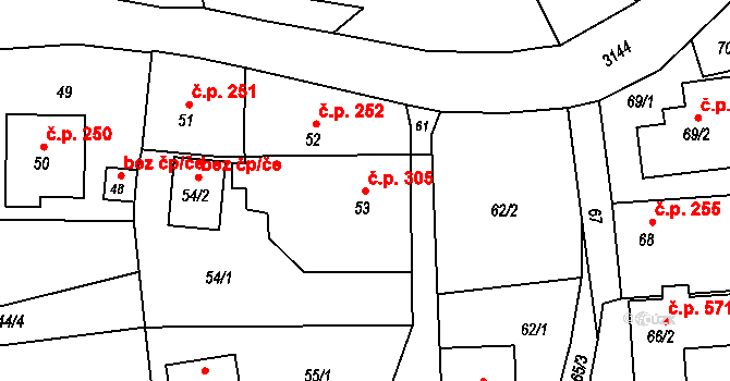 Píšť 305 na parcele st. 53 v KÚ Píšť, Katastrální mapa