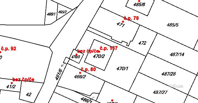 Chlebičov 157 na parcele st. 470/2 v KÚ Chlebičov, Katastrální mapa